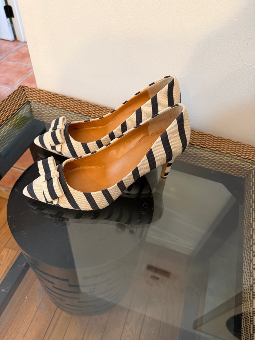 J. Crew Navy and Cream Striped Pointed-Toe Pumps with Bow